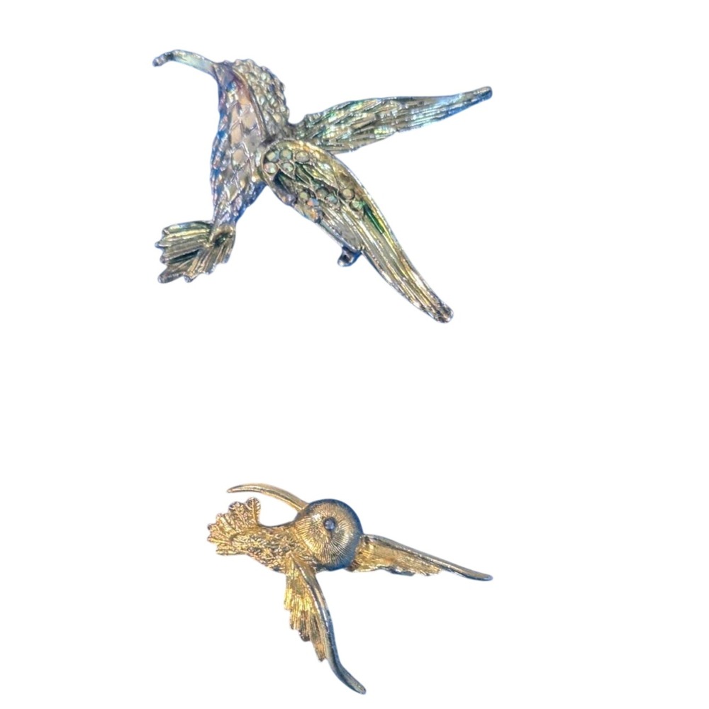 Vintage Hummingbird Brooch Pins Set Of 2 Gold‎ Tone rhinestones sparkle
